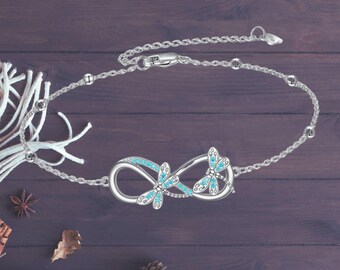 Pulsera de libélula de plata esterlina para mujer, 18 cm más 5 cm de extensión, pulsera de flores de libélula