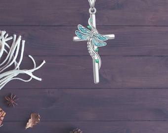Dragonfly Cross Necklace 925 Sterling Silver Christian Pendant Necklace For Women