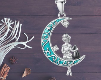 Collar de gato y luna de plata de ley con colgante de circonita cúbica