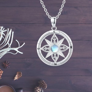 Compass Moonastone Necklace for Women 925 Sterling Silver Necklace Compass Pendant