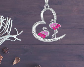 Sterling Silver Flamingo Heart Pendant Necklace