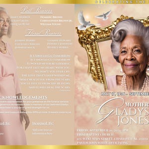 May include: A funeral program with a photo of a woman in a gold frame. The program is decorated with doves and clouds. The text reads "Celebrating the Life of Mother Ladys Jones" and includes the dates May 17, 1936 - September 24, 2024. The program also includes the funeral service information: Friday, September 26, 2024 at 7 PM, First Baptist Church, 121 West Main Street, Charlotte, NC 28220, Pastor John White Officiating.