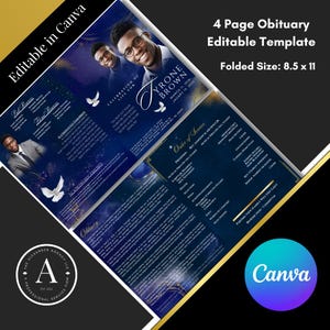 May include: A four-page obituary template in Canva, featuring a blue and gold design with a photo of a man. The template includes sections for the order of service, obituary, and acknowledgements. The text "Editable in Canva" and "Folded Size: 8.5 x 11" are visible.