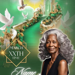 May include: A memorial graphic with a portrait of an older woman with gray hair. The background features a green and gold staircase leading to a heavenly gate, with white doves and the text "Remembering Our Beloved". Includes space for a name and date.
