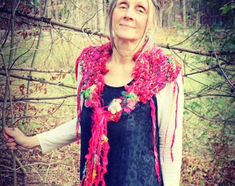 rustic handknit art yarn wrap shawl scarf from the enchanted forest - gypsy fantasy party artyarn triangle scarf