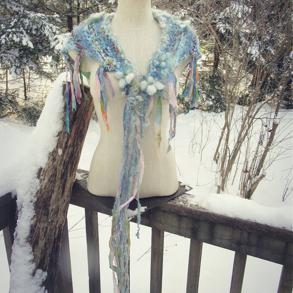 hand knit soft art yarn enchanted forest neck piece, triangle scarf -  dream of snow fantasy scarf