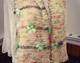 hand knit long soft art yarn oversize luxury boho  scarf -  spring sunshine garden scarf