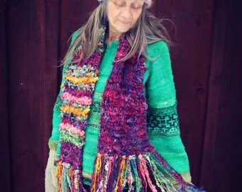 rustic handknit long boho scarf from the forest -  gypsy patchwork folktale