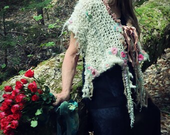 RESERVED - for jenny -hand knit art yarn enchanted forest wrap - sweet roses woodland dream wrap