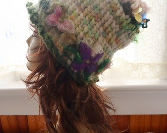 hand knit warm hat puffy curls soft art yarn forest fantasy hat -  flower party woodland dream hat