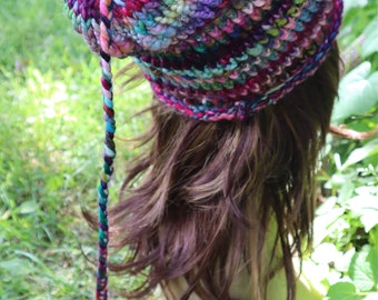 hand knit long tail art yarn fantasy hat - not yet faded memories lightweight patchwork festival hat