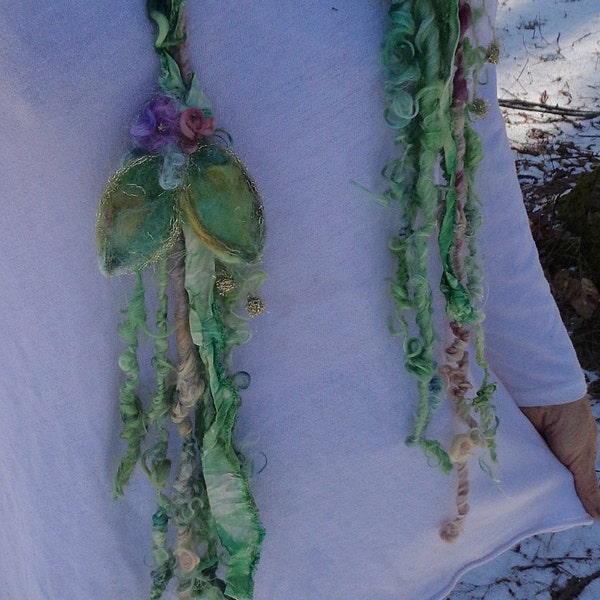 silk scarf lariat spring fantasy fiber art yarn braid adornment - lady of leaves