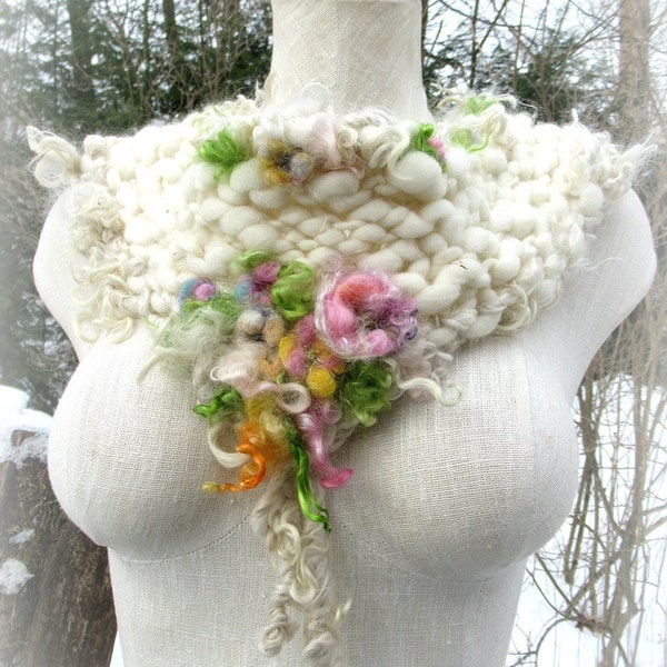 hand knit cowl chunky natural fiber warm handspun wool art yarn cowl scarf - warm garden