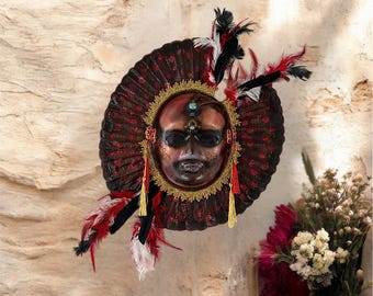Venetian Mask | Wall Decor | Handmade | Masquerade Mask | Ornamental | With Fan & Feathers.