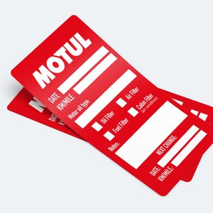 May include: Red MOTUL service sticker with blank fields for date, mileage, motor oil type, oil filter, air filter, fuel filter, cabin filter, air conditioning, notes, and next change date and mileage.