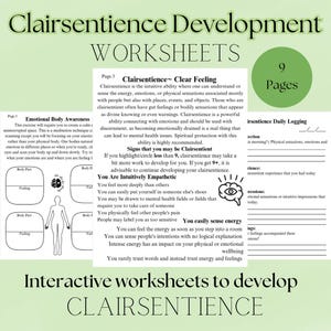 Puede incluir: Un conjunto de hojas de trabajo de "Clairsentience Development" con secciones sobre conciencia corporal emocional y empatía intuitiva. El texto "Worksheets" es prominente. Un círculo verde indica "9 páginas".