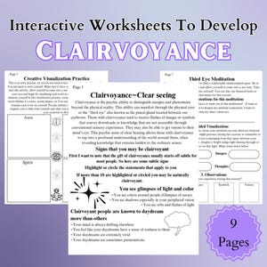 Puede incluir: Un conjunto de nueve hojas de trabajo imprimibles diseñadas para ayudar a desarrollar la clarividencia. Las hojas de trabajo incluyen ejercicios de visualización creativa, meditación del tercer ojo e identificación de signos de clarividencia. Las hojas de trabajo están ilustradas con símbolos y gráficos coloridos.