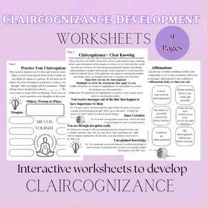 May include: A colorful worksheet with the title "Claircognizance Development Worksheets" and the text "Practice Your Claircognizance" and "Trust in Yourself". The worksheet is designed to help people develop their intuitive abilities.