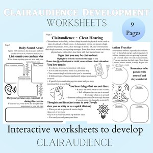 May include: Black and white worksheet with the title "Clairaudience Development Worksheets". The worksheet includes a section titled "Daily Sound Aware" with a diagram of a human head and ear. The worksheet also includes a section titled "Clairaudience - Clear Hearing" with a diagram of a human ear and a list of statements about clairaudience. The worksheet also includes a section titled "Meditation Practice" with a diagram of a person meditating.