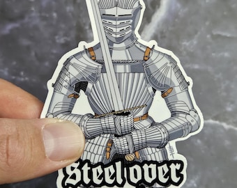 Adhesivo de vinilo Steel Over Words Knight - Caballero con armadura y espada larga (calcomanía laminada)