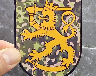 Finnish Military Lion Vinyl Sticker - Army M05 Camo Shield Laminated Decal