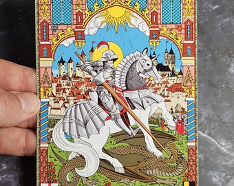 Medieval Themed Sanctus Georgius Illustrated Print - Saint George and Dragon Print