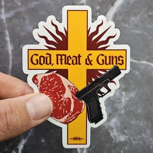Calcomanía de Dios, Carne y Armas, calcomanía de vinilo brillante de la Dieta Carnívora, calcomanía de vinilo Keto Cristiana, calcomanía de la Dieta Paleo, Patriota Militar Tradicional