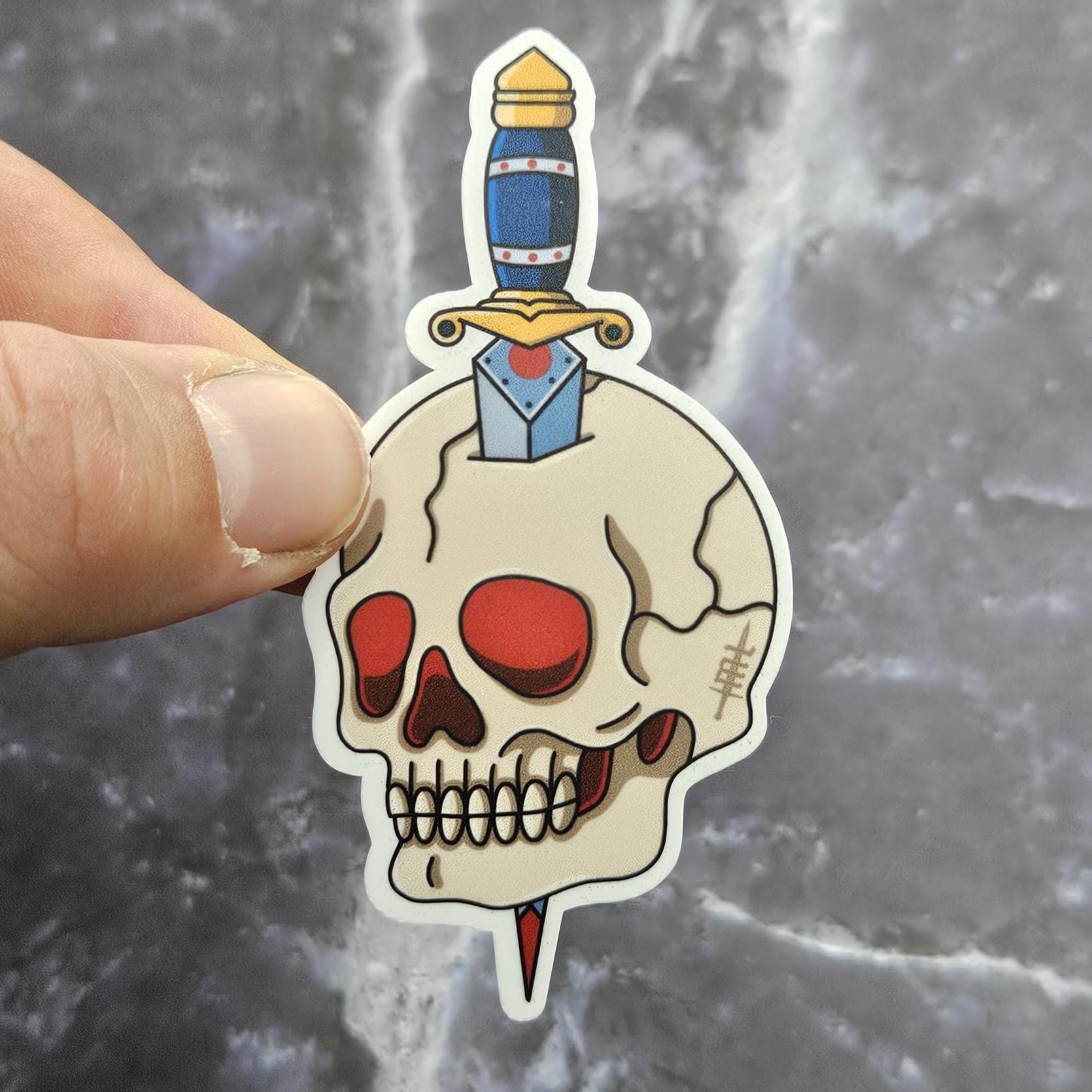 Vintage Old School Tattoo-style Vinyl Sticker - Dagger and Skull