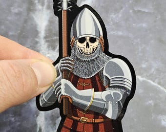 Dark Medieval Knight Vinyl Sticker - Skull Knight with Spiked Club Laminated Decal
