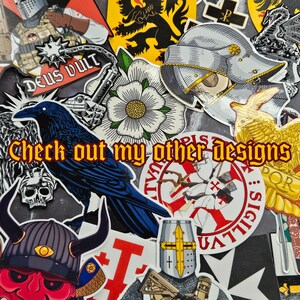 May include: A collection of assorted vinyl stickers featuring historical, heraldic, and fantasy illustrations including a black raven, a knight in armor, a white flower, and a red demon mask, with the text Check out my other designs overlaid.