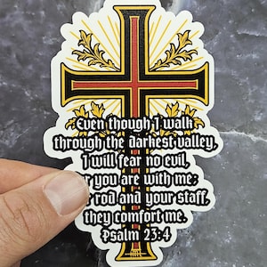 Psalm 23: 4 Aufkleber, christlicher Vinyl-Aufkleber, mittelalterlicher glänzender Vinyl-Aufkleber, Bibel-Vers religiöses Geschenk, gotischer Kreuz-Aufkleber, katholisches Geschenk