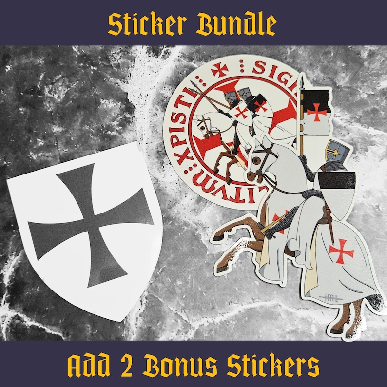 May include: A sticker bundle featuring a shield-shaped sticker with a black cross, a circular sticker with a red cross and Latin text, and a sticker of a mounted knight in armor holding a flag with a red cross, all on a dark marble background.
