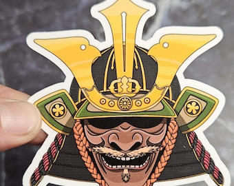 Samurai Kabuto with Menpo Vinyl Sticker - Japanese Helmet and Mask Waterproof Laminated Decal