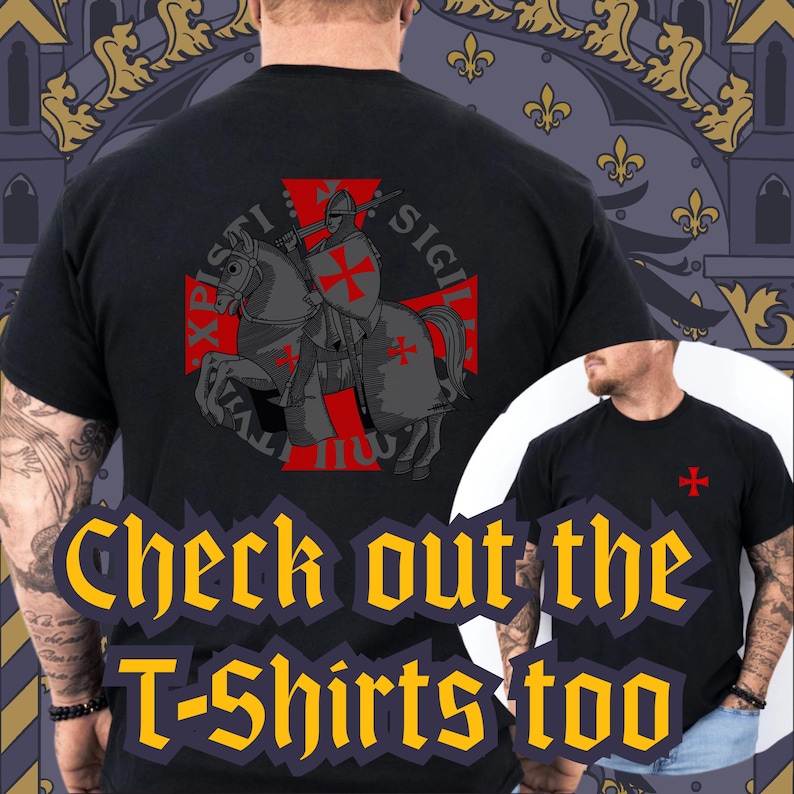 May include: A black short-sleeved t-shirt featuring a large graphic on the back of a knight on horseback in gray tones, overlaid on a red cross with the text SIGILLUM MILITUM XPISTI. A small red cross is printed on the front left chest area.