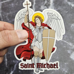 Sint-Michielsaartsengel sticker, christelijke vinylsticker, katholieke glanzende vinylsticker, krijgersgel middeleeuwse wapenrusting sticker