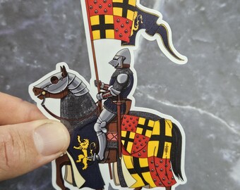 Mounted Knight Vinyl Sticker - 14th Century Knight on horseback with Banner Lamianted Decal