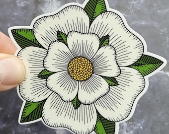 York White Rose Vinyl Sticker - Engraving Style Laminated Decal