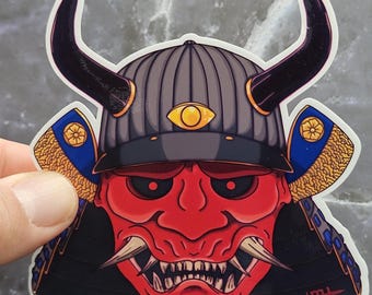 Japanese Oni Demon Vinyl Sticker - Yokai Mask Art, Samurai, Gift Sticker for Japan lovers