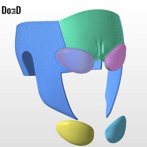 Könnte beinhalten: Eine mehrfarbige Maske mit einer blauen Basis, einem grünen Oberteil und lila und rosa Augenbedeckungen. Die Maske hat zwei blaue flügelförmige Verlängerungen und zwei abgetrennte, ovale Teile in Gelb und Blau. Der Text "Do=D" befindet sich in der oberen linken Ecke.