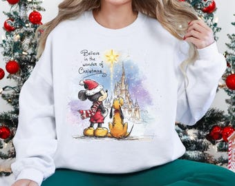 Disney Believe In The Magic of Christmas Sweatshirt, Mickey and Pluto Disneyland Castle Sweater