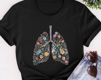 Shirt bloemen longen, shirt anatomisch longen, T-shirt verpleegster, shirt student verpleegkunde, shirt verpleegkundige, T-shirt long, ademhalingstherapeut bloemlongen