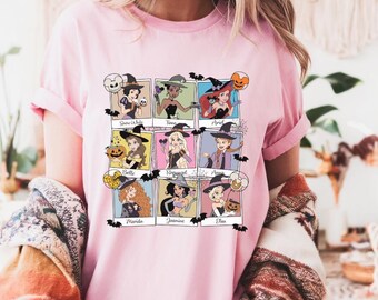 Camiseta de Halloween con personajes de Disney Princess Comfort Colors®, camiseta de Halloween con Cenicienta, Blancanieves, Ariel y Rapunzel, camiseta de Halloween con princesas