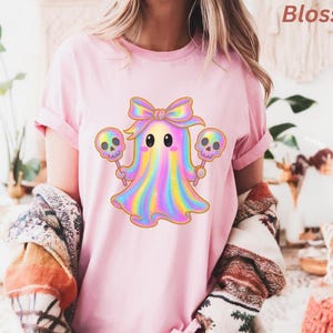 Glinsterende Ghost Comfort Colors-T-shirt, Iriserend Glitter Ghost-shirt, Leuk Halloween-T-shirt, Leuk Girly Ghost-shirt, Coquette Ghost-shirt