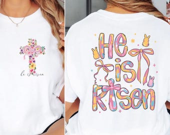 He Is Risen Shirt, Coquette Bow Christian Easter Shirt, Jesus Shirt, Religious Easter Shirt, Christian Shirt for Easter, Pink Bow Easter Tee