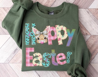 Happy Easter Bunny Sweatshirt, Coquette Bow Easter Rabbit Hoodie, Women's Spring Outfit