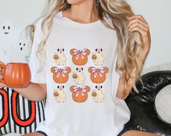 Camiseta de Halloween con Minnie y fantasma de Disney, camiseta de Halloween con coqueta, camiseta de truco o trato, camiseta de calabaza de Disney, camiseta de Minnie y fantasma