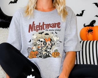 Camiseta vintage de Mickey y Minnie para Halloween, camiseta de Pesadilla en la Calle Mayor, camiseta de calabaza para Halloween, camiseta de Halloween de Disneyland, camiseta de la familia Disney