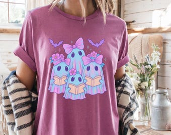 Comfort Colors® Iridescent Ghost Shirt, Halloween Reading Books Ghosts Shirt, Cute Halloween Ghost Shirt, Shimmering Coquette Ghost Shirt
