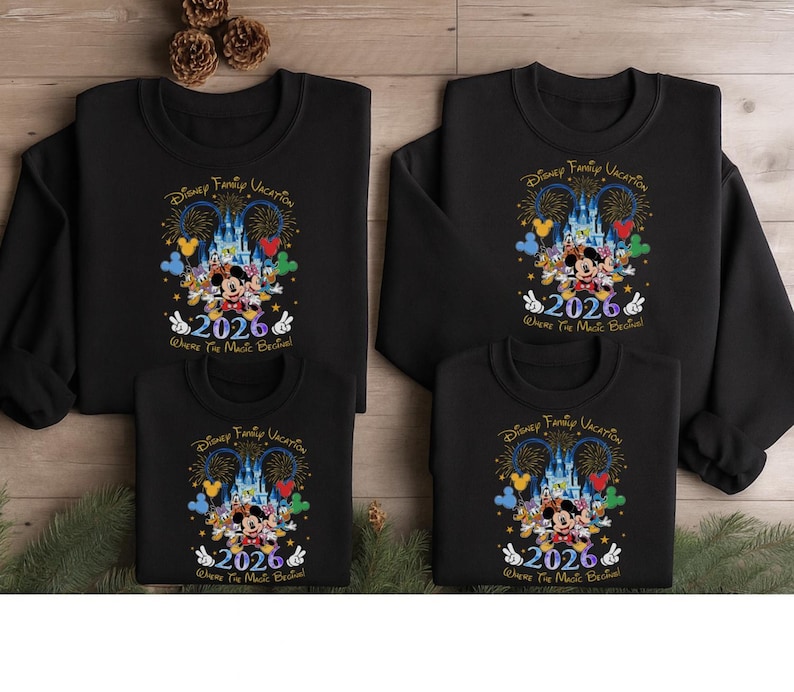 Peut inclure: Quatre sweatshirts noirs avec le texte "Disney Family Vacation 2026 Where The Music Begins" et un graphisme de Mickey Mouse, des feux d'artifice et un ch&acirc;teau. Les sweatshirts sont de diff&eacute;rentes tailles.