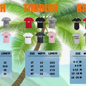 K&ouml;nnte beinhalten: Gr&ouml;&szlig;entabelle f&uuml;r T-Shirts f&uuml;r Jugendliche, Kleinkinder und Babys. Die Tabelle zeigt die Gr&ouml;&szlig;e, die Breite in Zoll und die L&auml;nge in Zoll f&uuml;r jede Gr&ouml;&szlig;e. Die verf&uuml;gbaren Farben sind Rot, Schwarz, Sportgrau, Wei&szlig; und Hellrosa.